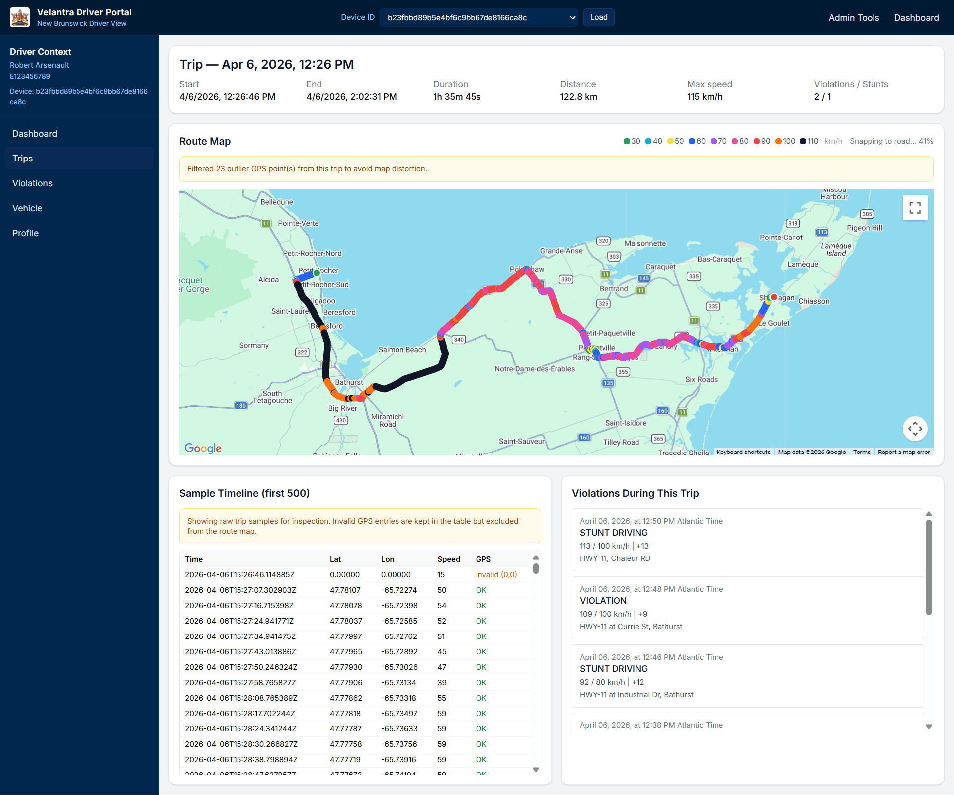 Velantra driver portal trip history with route map, timeline, and violations