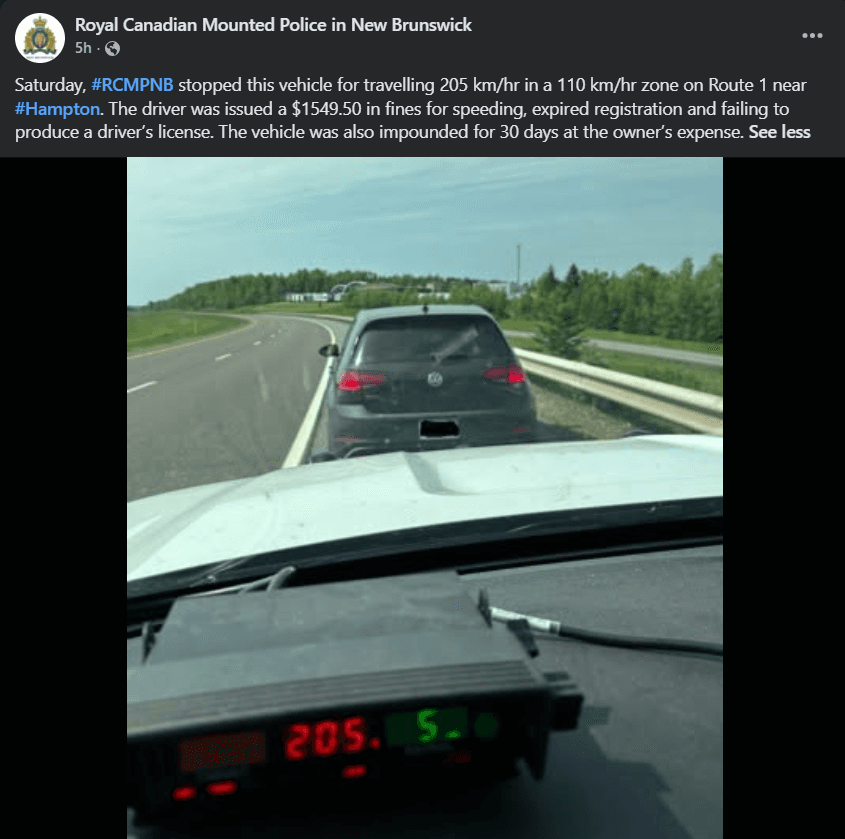 RCMP Route 1 Hampton stop showing a 205 km/h speed reading